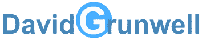 Logo for David Grunwell with a white G slightly off center to the lower left in a sky blue circle. The words Author and Designer are set to the right.