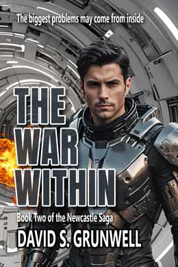 The cover for the novel The War Within. The background scene is an underground hallway with metal, gray-blue walls and a drop ceiling. The floor is dark and shiny, and the forced perspective is strong, creating a dark line where the ceiling and walls meet creating a strong sideways V-shape from the top right corner of the book to the left lower-third of the cover. The lights are dim creating a lonely and moody feel. A blast of flames are shooting in from the left and lower half of the image. On the wall to the right, there is a rough elliptical hole smashed through it. A giant woman, who is staring intently through strands of long straight hair at the viewer. The eye has an intense, yet bored look of a predator. The text on the page from the top down, in smaller type The biggest problems may come from inside. The large blocky title font THE WAR WITHIN, then Book Two of the Newcastle Saga, and David S. Grunwell.