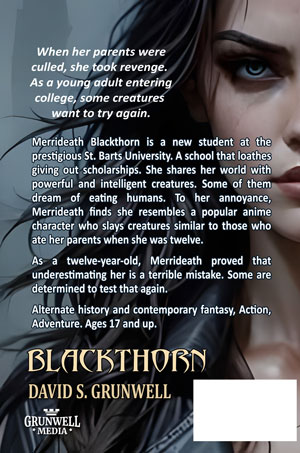 A closeup of dark haired young woman to where you see only half her face. She is the same image from the front of the book. She is wearing a black leather jacket. The title of the book and the authors name, David S. Grunwell are at the bottom of the back the cover. It has the text about the book at the left side.