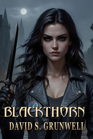 A dark haired young woman in a black leather jacket and a black t-shirt holds up a long dark dagger. She looks tough and determined. She stands on a misty dark street that is part of an old univeristy. The title of the book and the authors name, David S. Grunwell are the only text on the cover.